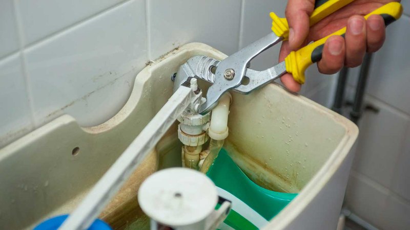 A certified plumber using pliers and other tools for toilet tank leak repair